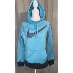 Nike Therma-Fit Hoodie Pullover Sweatshirt Womens Medium Thumb Hole Aqua Gray